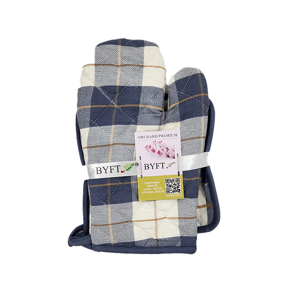 BYFT Orchard Cotton Gloves & Pot Holder Set - Navy Blue & Caramel Checks Heat Resistant