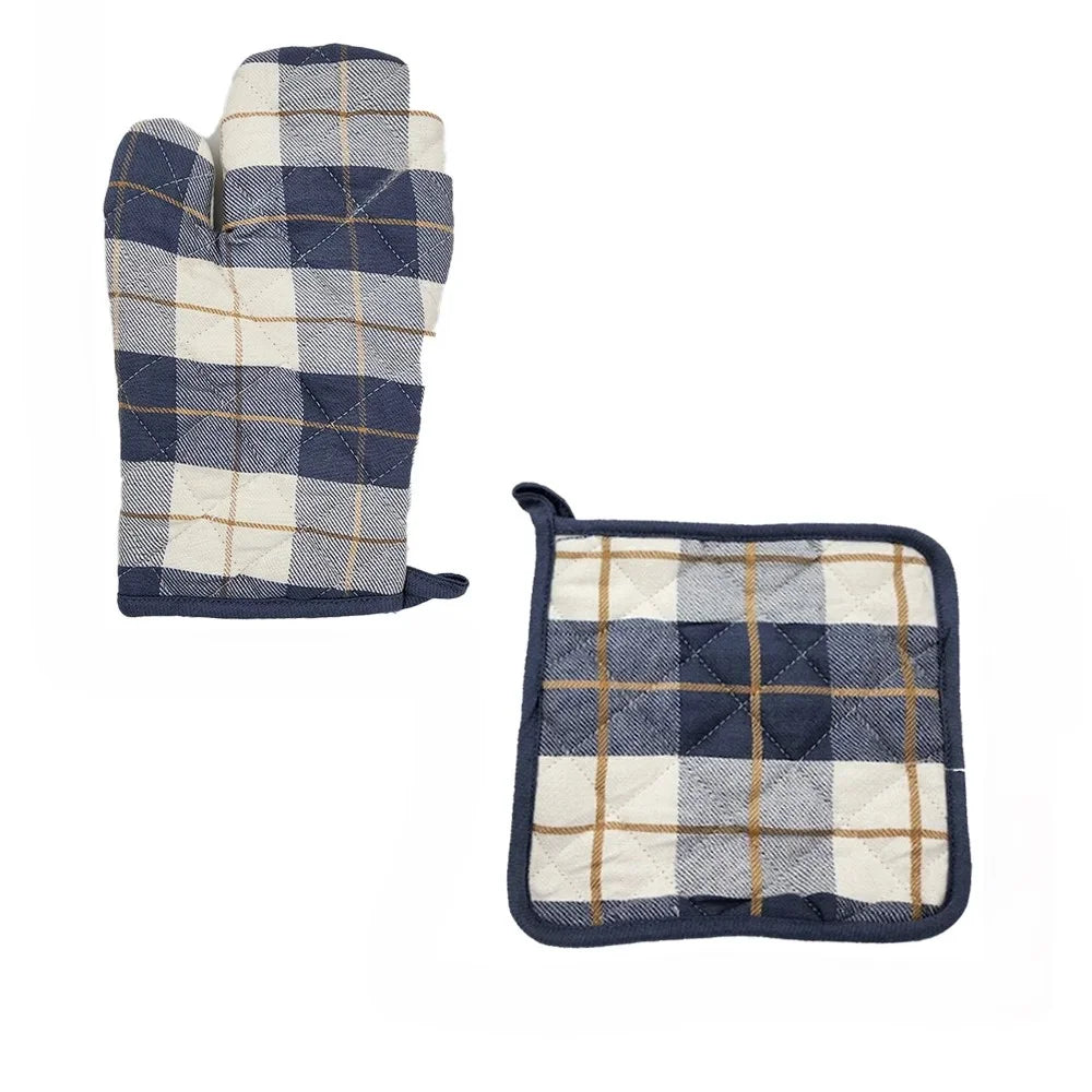 BYFT Orchard Cotton Gloves & Pot Holder Set - Navy Blue & Caramel Checks Heat Resistant