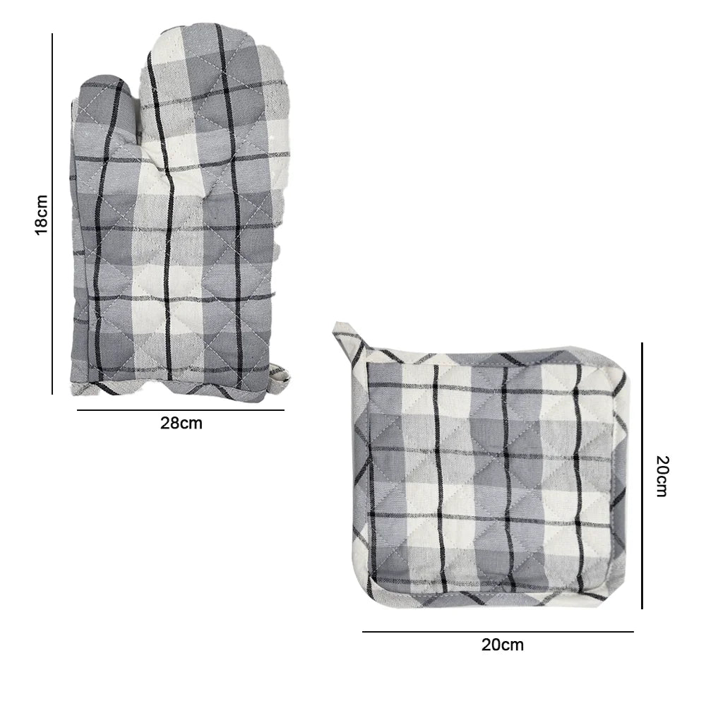 BYFT Orchard Cotton Gloves & Pot Holder Set - Light Grey & Black Checks Heat Resistant