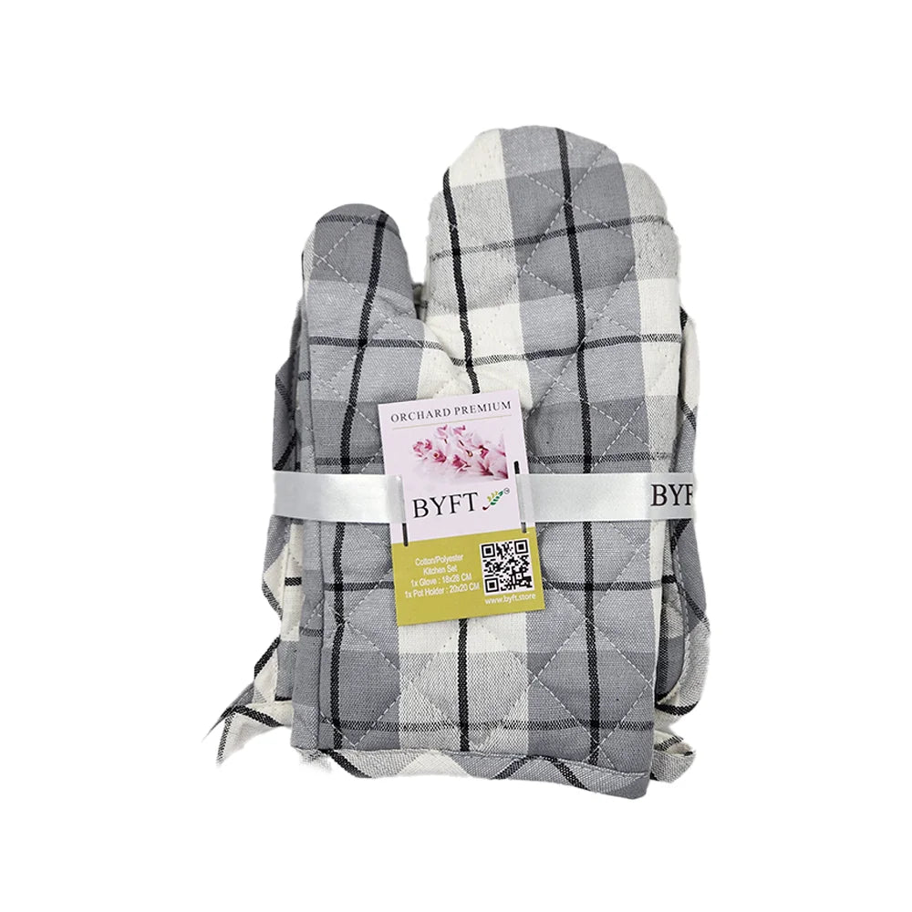 BYFT Orchard Cotton Gloves & Pot Holder Set - Light Grey & Black Checks Heat Resistant