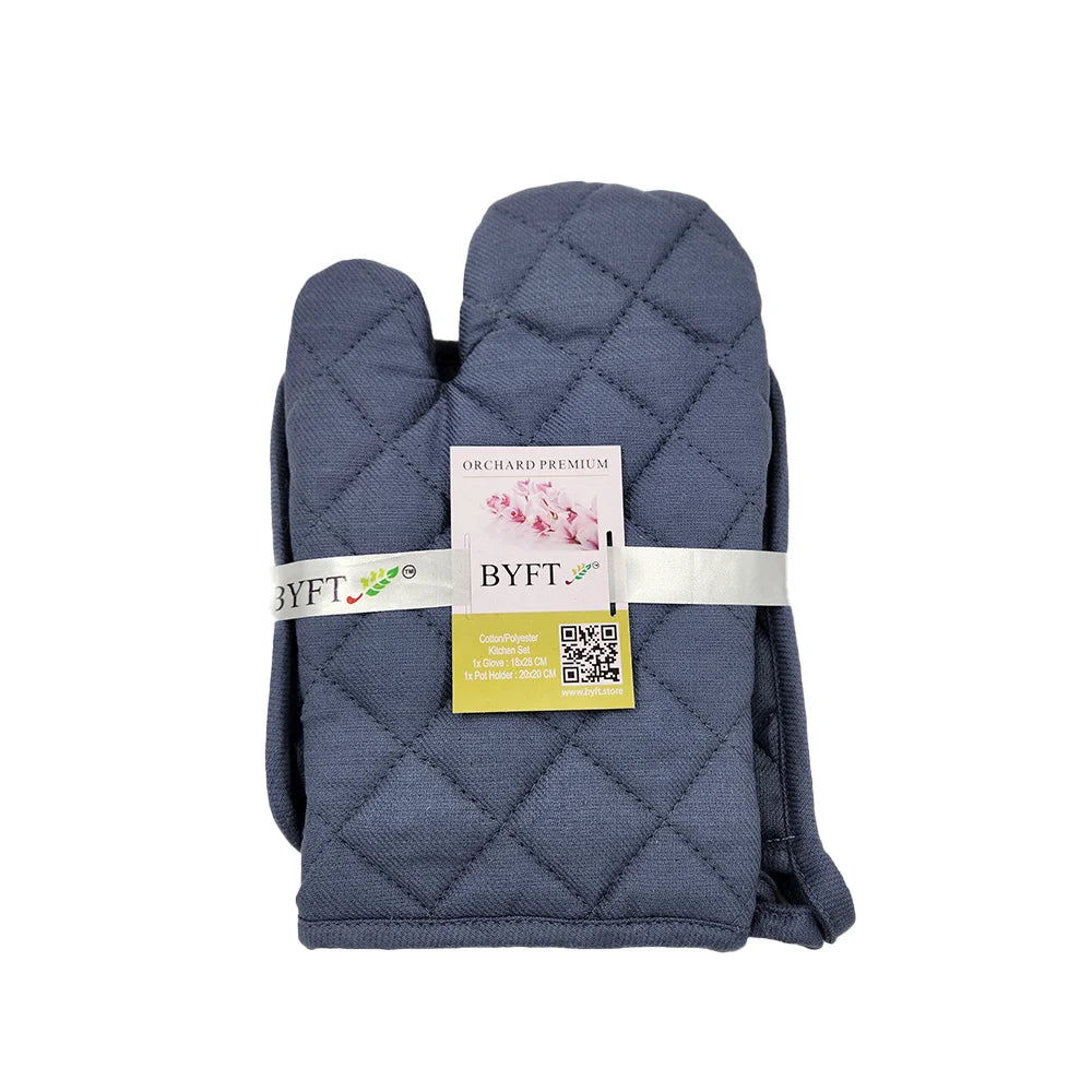 BYFT Orchard Cotton Gloves & Pot Holder Set - Denim Blue Heat Resistant
