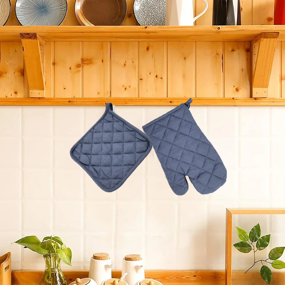 BYFT Orchard Cotton Gloves & Pot Holder Set - Denim Blue Heat Resistant