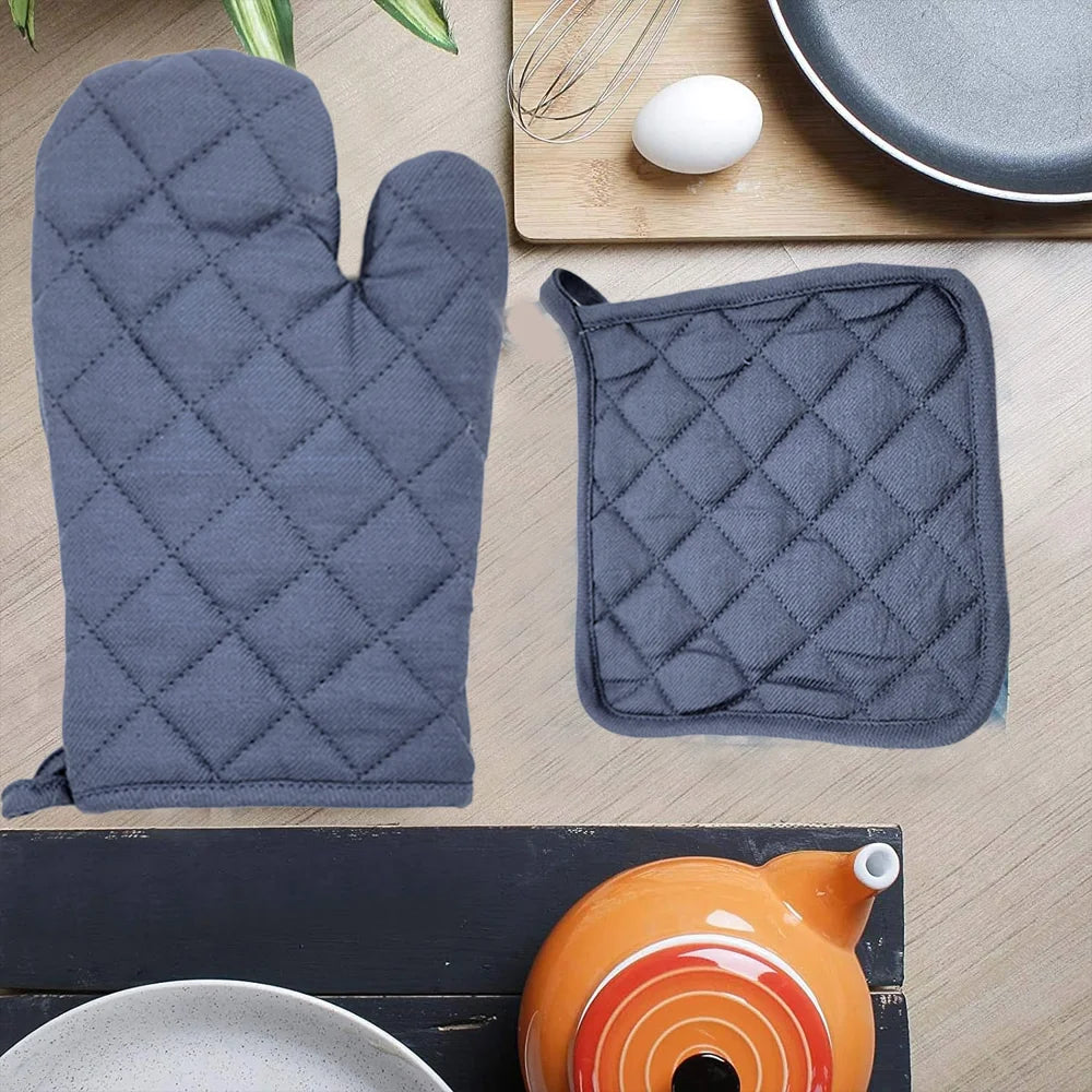 BYFT Orchard Cotton Gloves & Pot Holder Set - Denim Blue Heat Resistant