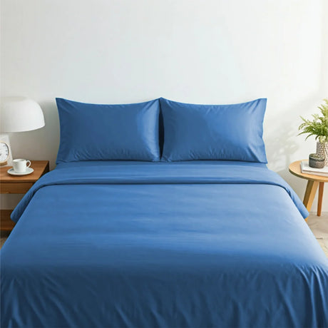 BYFT023614 Home Tex Design King Flat Sheet 240 x 260 Cm 2 Pillow Cover 50 x 75 Cm Blue Dyed 100 Cotton Set of 3.webp