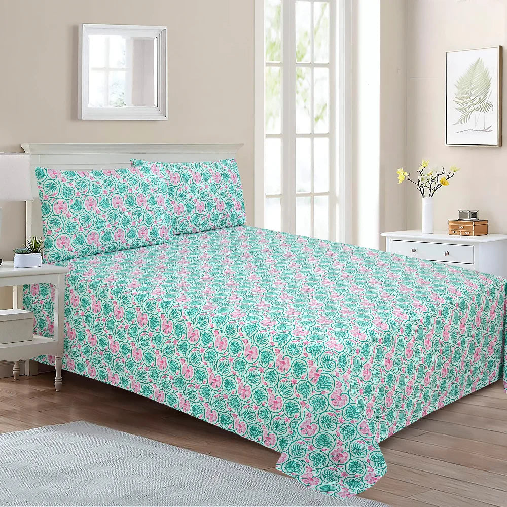 BYFT023634 Home Tex Design King Flat Sheet 240 x 260 Cm 2 Pillow Cover 50 x 80 Cm Hibiscus Coord 100 Cotton Set of 3.webp