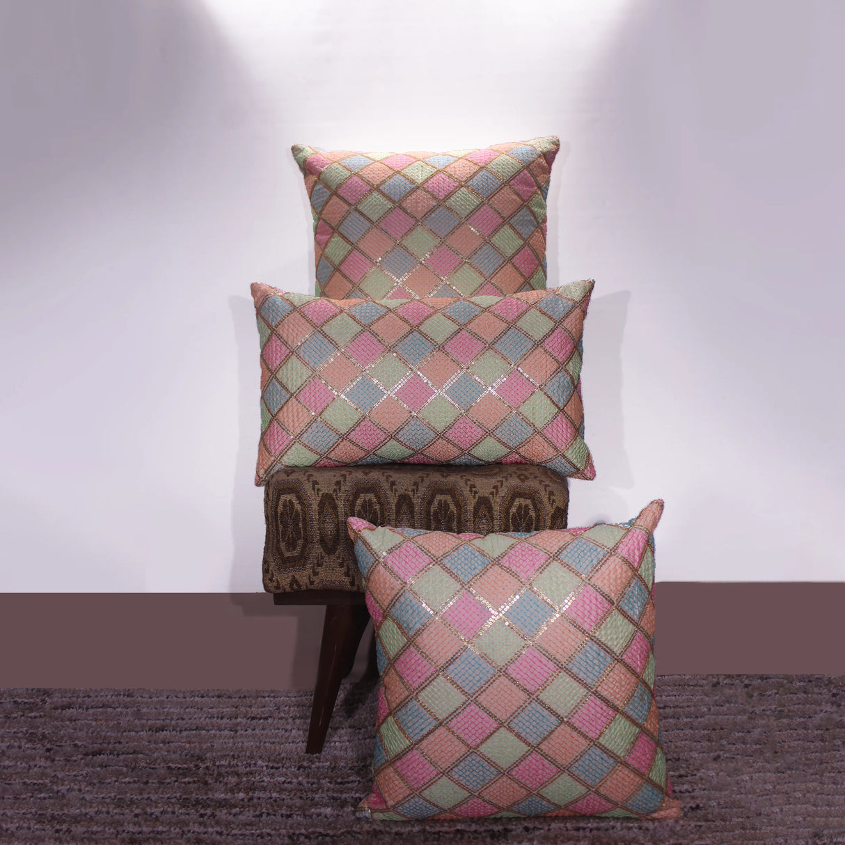 BYFT Orchard Cushion Cover 18 x 18 inch (Diagonal Checks Design - Cream) 45 x 45 cm Luxury Decorative Cushion Cover for Sofa, Bed & Living Room - Set of 02