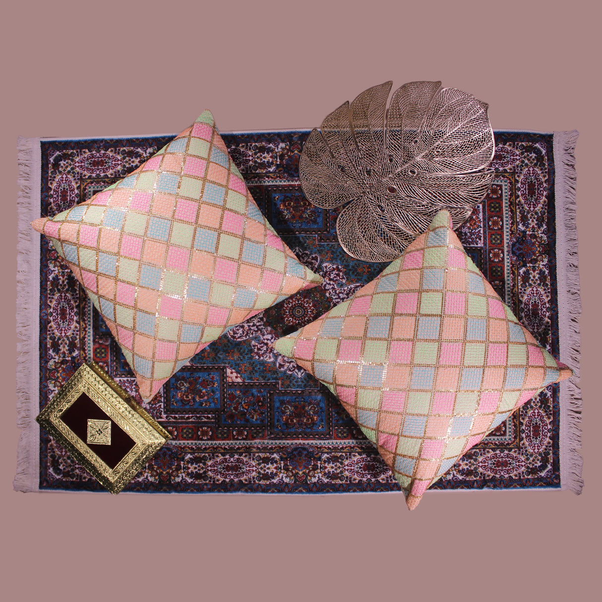 BYFT Orchard Cushion Cover 18 x 18 inch (Diagonal Checks Design - Cream) 45 x 45 cm Luxury Decorative Cushion Cover for Sofa, Bed & Living Room - Set of 02