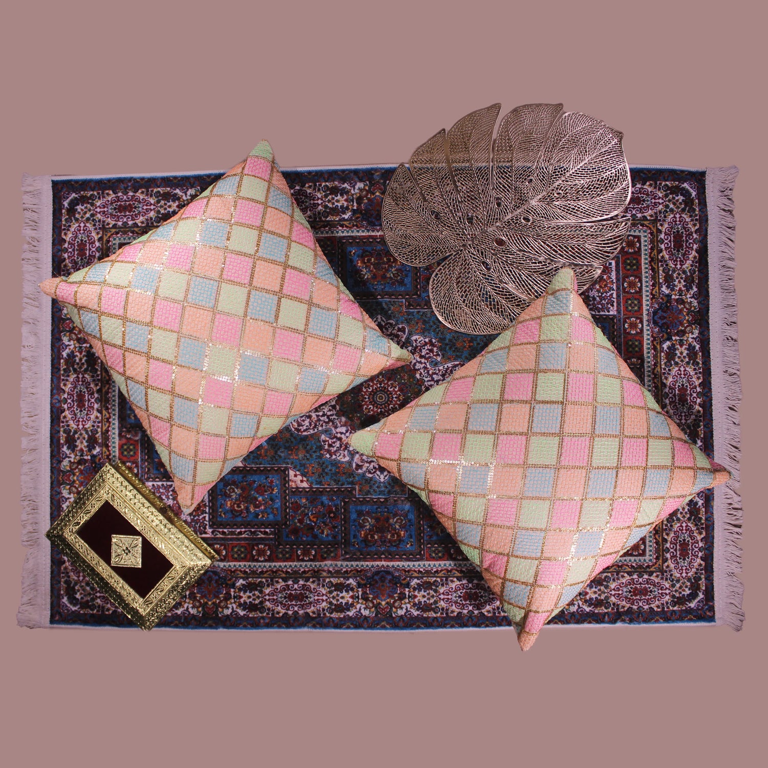 BYFT Orchard Cushion Cover 18 x 18 inch (Diagonal Checks Design - Cream) 45 x 45 cm Luxury Decorative Cushion Cover for Sofa, Bed & Living Room - Set of 02