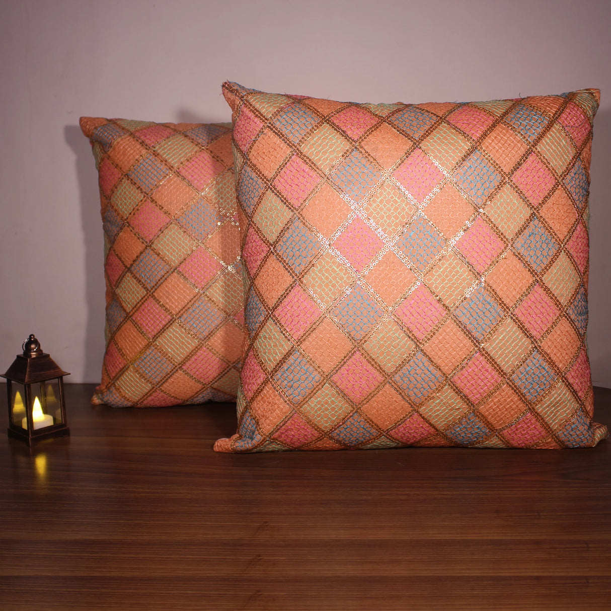 BYFT Orchard Cushion Cover 18 x 18 inch (Diagonal Checks Design - Peach) 45 x 45 cm Luxury Decorative Cushion Cover for Sofa, Bed & Living Room - Set of 02