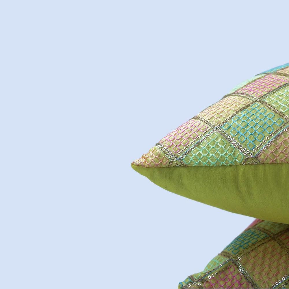 BYFT Orchard Cushion Cover 18 x 18 inch (Diagonal Checks Design - Yellow) 45 x 45 cm Luxury Decorative Cushion Cover for Sofa, Bed & Living Room - Set of 02