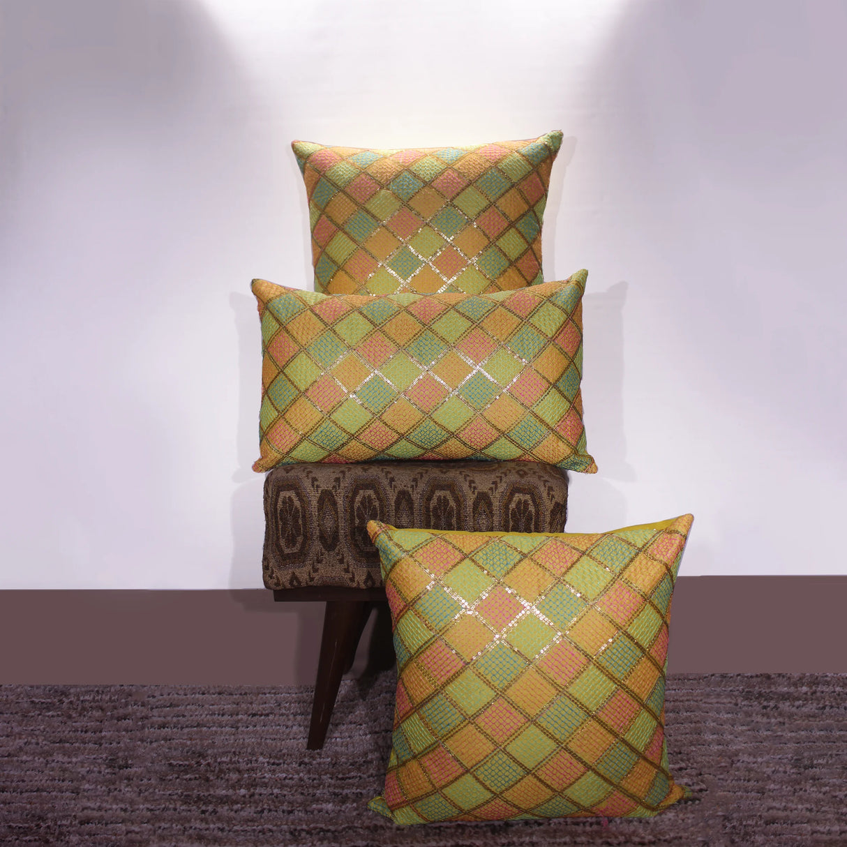 BYFT Orchard Cushion Cover 18 x 18 inch (Diagonal Checks Design - Yellow) 45 x 45 cm Luxury Decorative Cushion Cover for Sofa, Bed & Living Room - Set of 02