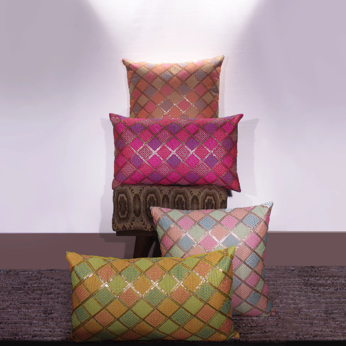 BYFT Orchard Cushion Cover 18 x 18 inch (Diagonal Checks Design - Yellow) 45 x 45 cm Luxury Decorative Cushion Cover for Sofa, Bed & Living Room - Set of 02