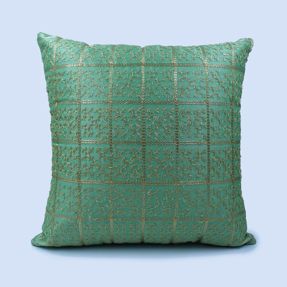 BYFT Orchard Cushion Cover 16 x 16 inch (Golden Checks Design - Green) 40 x 40 cm Luxury Decorative Cushion Cover for Sofa, Bed & Living Room - Set of 02