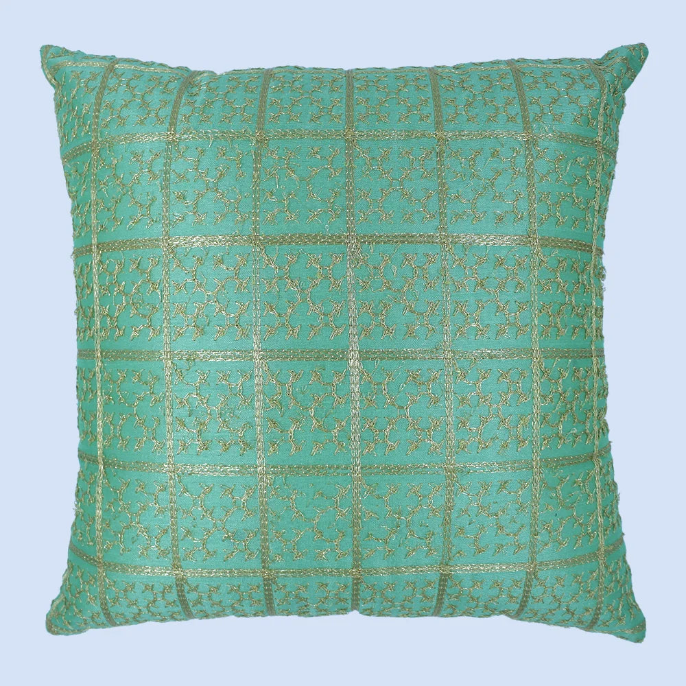 BYFT Orchard Cushion Cover 16 x 16 inch (Golden Checks Design - Green) 40 x 40 cm Luxury Decorative Cushion Cover for Sofa, Bed & Living Room - Set of 02