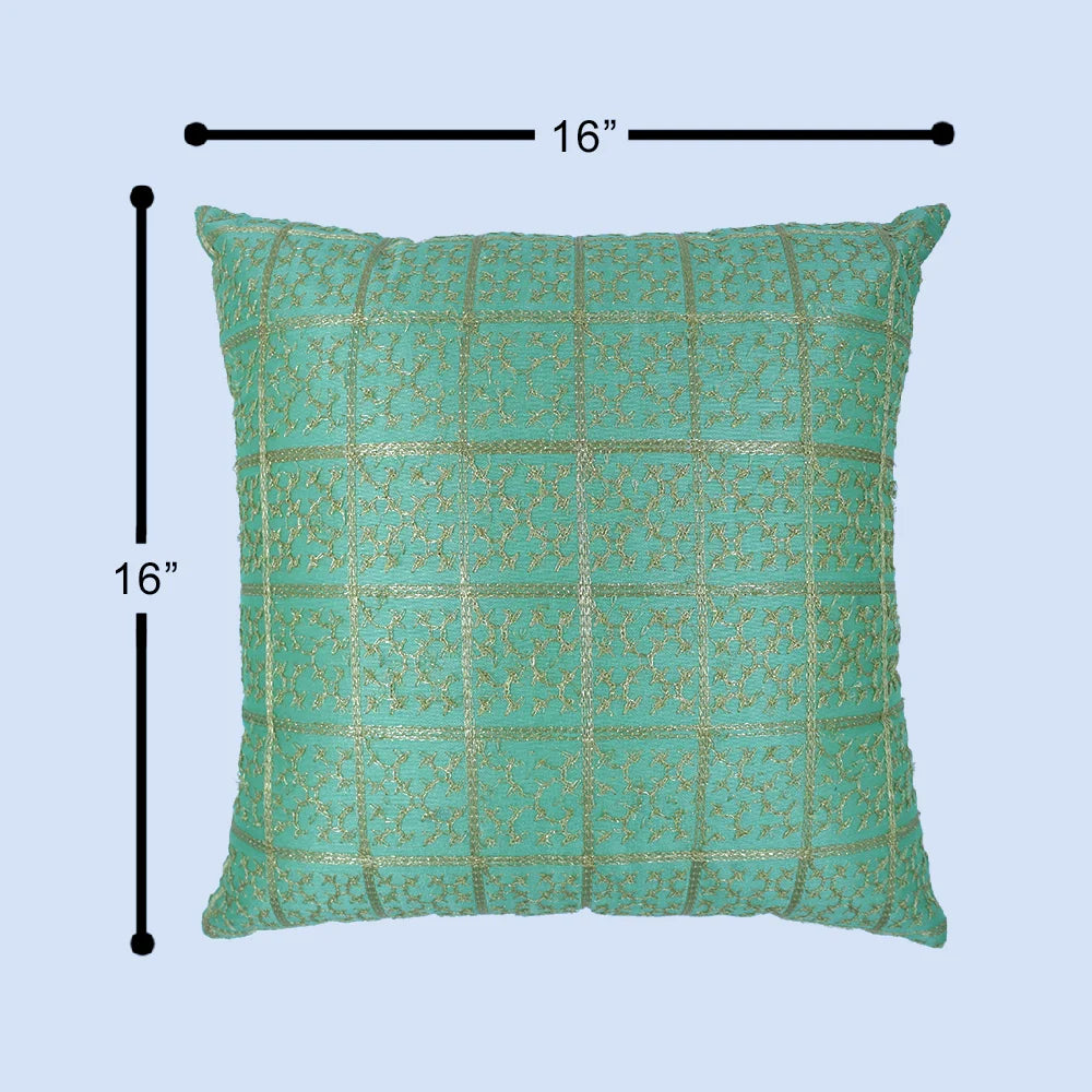 BYFT Orchard Cushion Cover 16 x 16 inch (Golden Checks Design - Green) 40 x 40 cm Luxury Decorative Cushion Cover for Sofa, Bed & Living Room - Set of 02