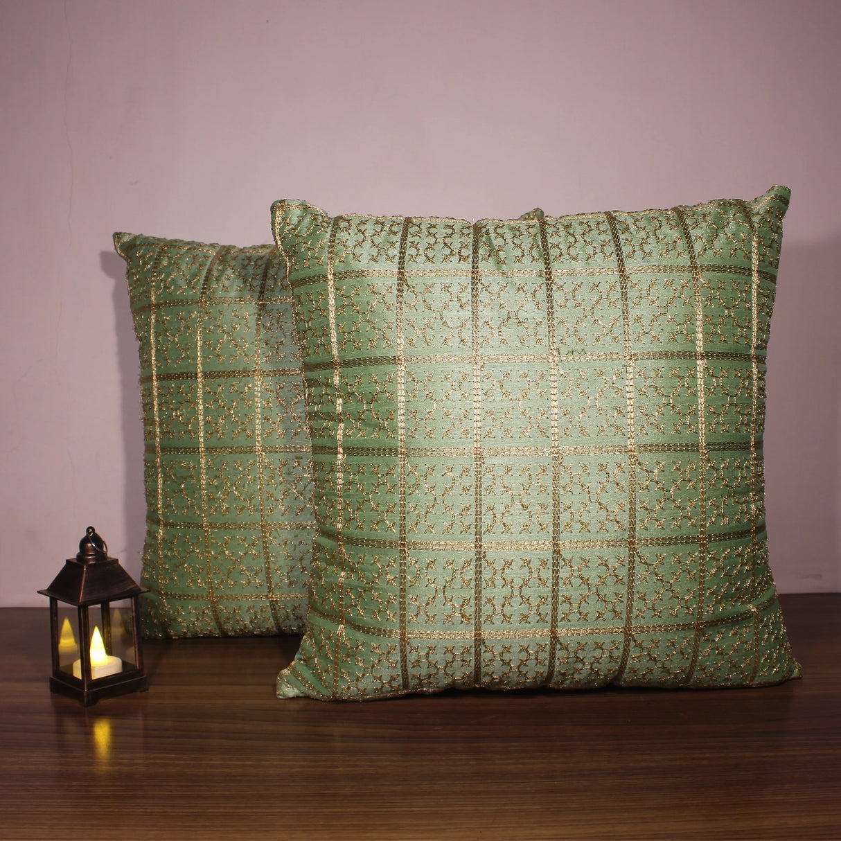 BYFT Orchard Cushion Cover 16 x 16 inch (Golden Checks Design - Green) 40 x 40 cm Luxury Decorative Cushion Cover for Sofa, Bed & Living Room - Set of 02