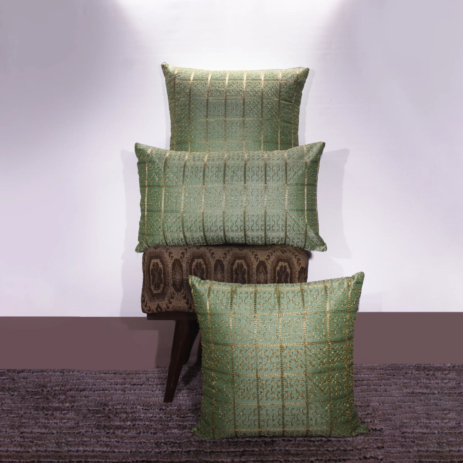 BYFT Orchard Cushion Cover 16 x 16 inch (Golden Checks Design - Green) 40 x 40 cm Luxury Decorative Cushion Cover for Sofa, Bed & Living Room - Set of 02