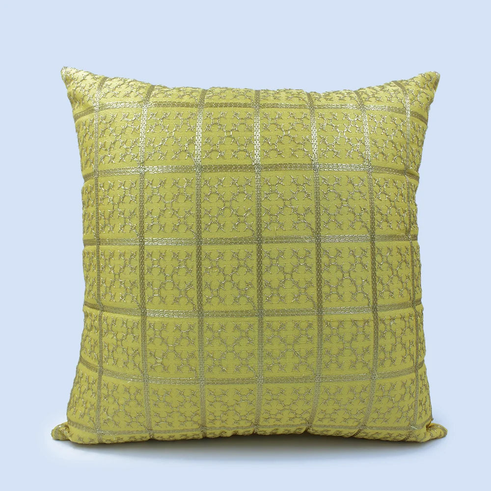BYFT Orchard Cushion Cover 16 x 16 inch (Golden Checks Design - Yellow) 40 x 40 cm Luxury Decorative Cushion Cover for Sofa, Bed & Living Room - Set of 02