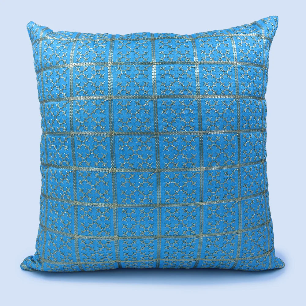 BYFT Orchard Cushion Cover 18 x 18 inch (Golden Checks Design - Blue) 45 x 45 cm Luxury Decorative Cushion Cover for Sofa, Bed & Living Room - Set of 02