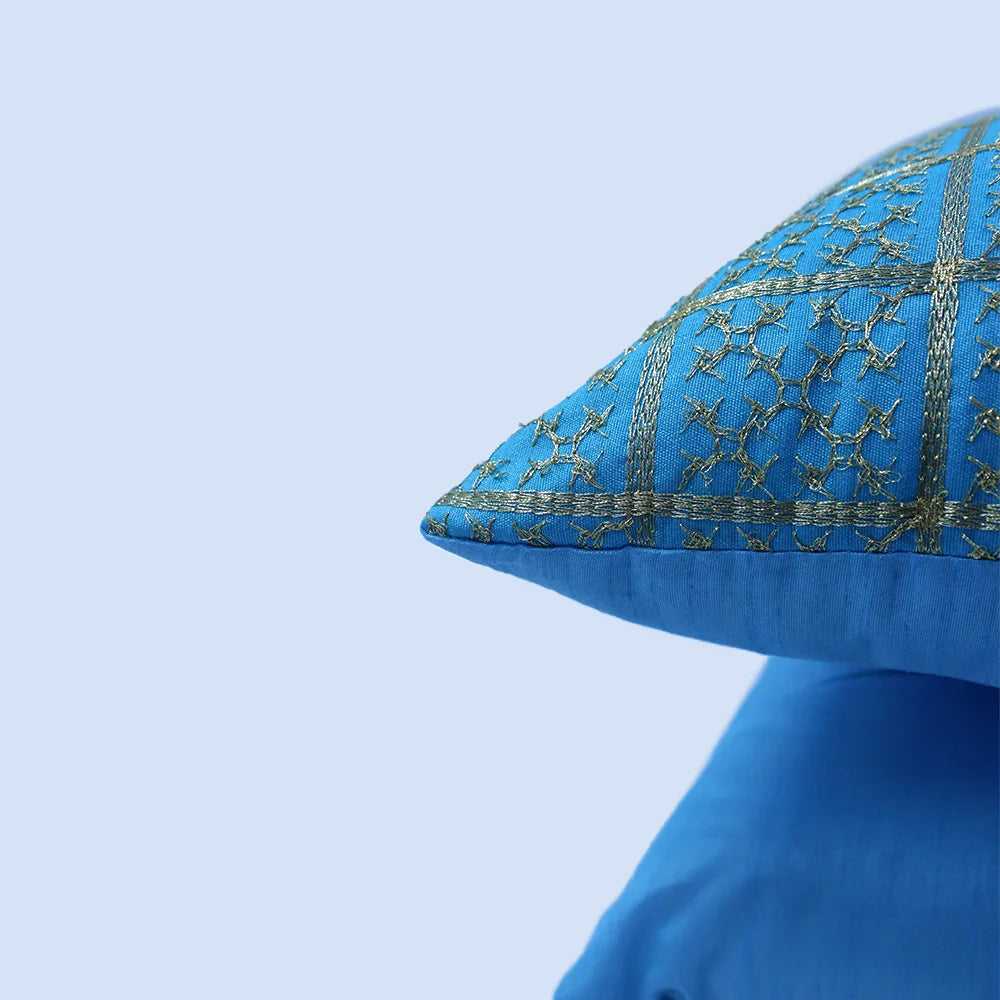 BYFT Orchard Cushion Cover 18 x 18 inch (Golden Checks Design - Blue) 45 x 45 cm Luxury Decorative Cushion Cover for Sofa, Bed & Living Room - Set of 02