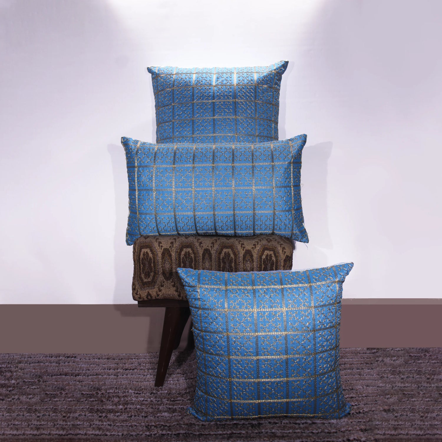 BYFT Orchard Cushion Cover 18 x 18 inch (Golden Checks Design - Blue) 45 x 45 cm Luxury Decorative Cushion Cover for Sofa, Bed & Living Room - Set of 02