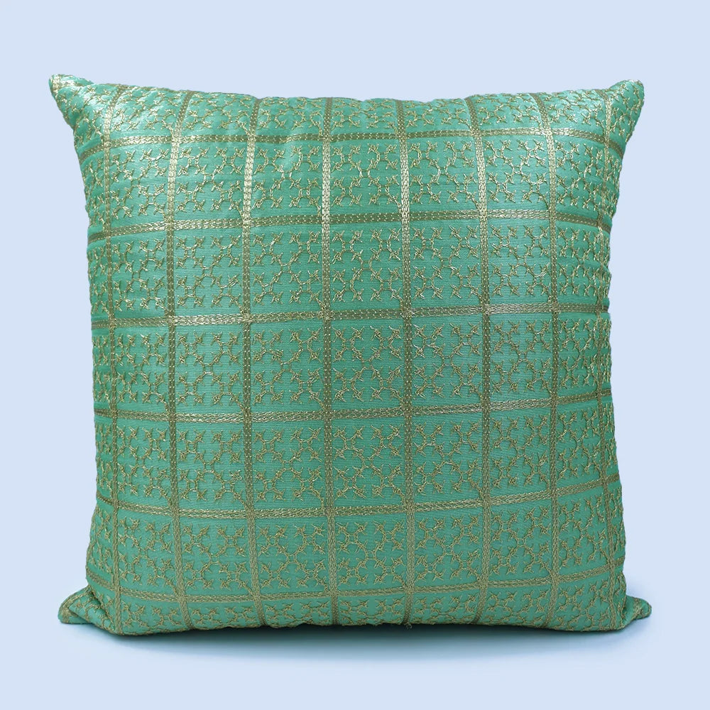 BYFT Orchard Cushion Cover 18 x 18 inch (Golden Checks Design - Green) 45 x 45 cm Luxury Decorative Cushion Cover for Sofa, Bed & Living Room - Set of 02