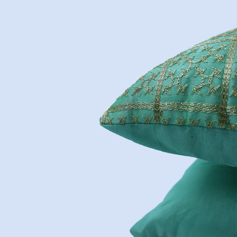 BYFT Orchard Cushion Cover 18 x 18 inch (Golden Checks Design - Green) 45 x 45 cm Luxury Decorative Cushion Cover for Sofa, Bed & Living Room - Set of 02