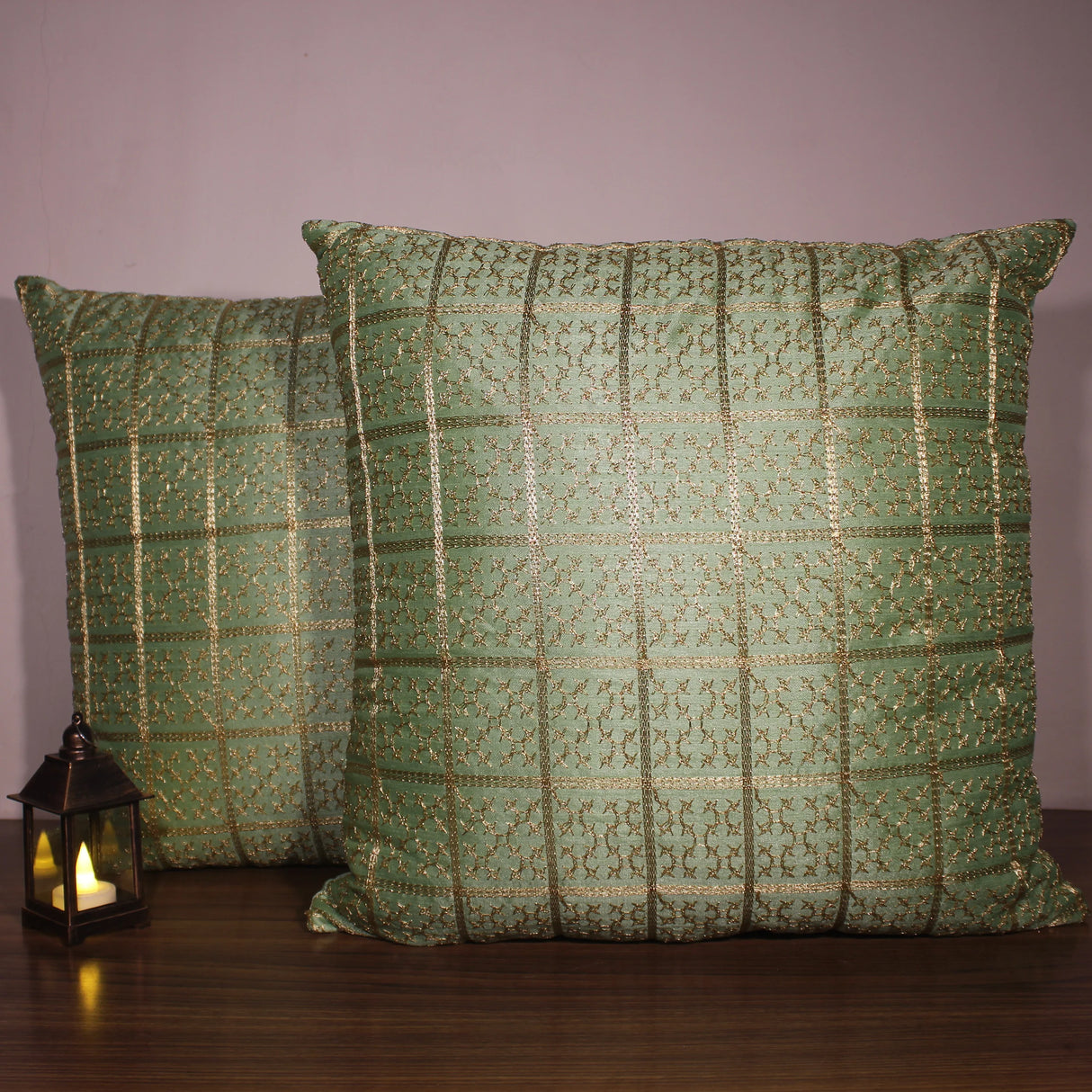 BYFT Orchard Cushion Cover 18 x 18 inch (Golden Checks Design - Green) 45 x 45 cm Luxury Decorative Cushion Cover for Sofa, Bed & Living Room - Set of 02