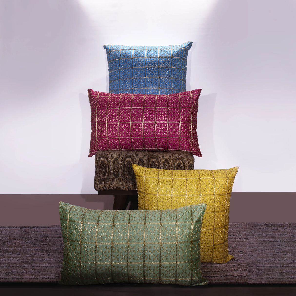 BYFT Orchard Cushion Cover 18 x 18 inch (Golden Checks Design - Green) 45 x 45 cm Luxury Decorative Cushion Cover for Sofa, Bed & Living Room - Set of 02