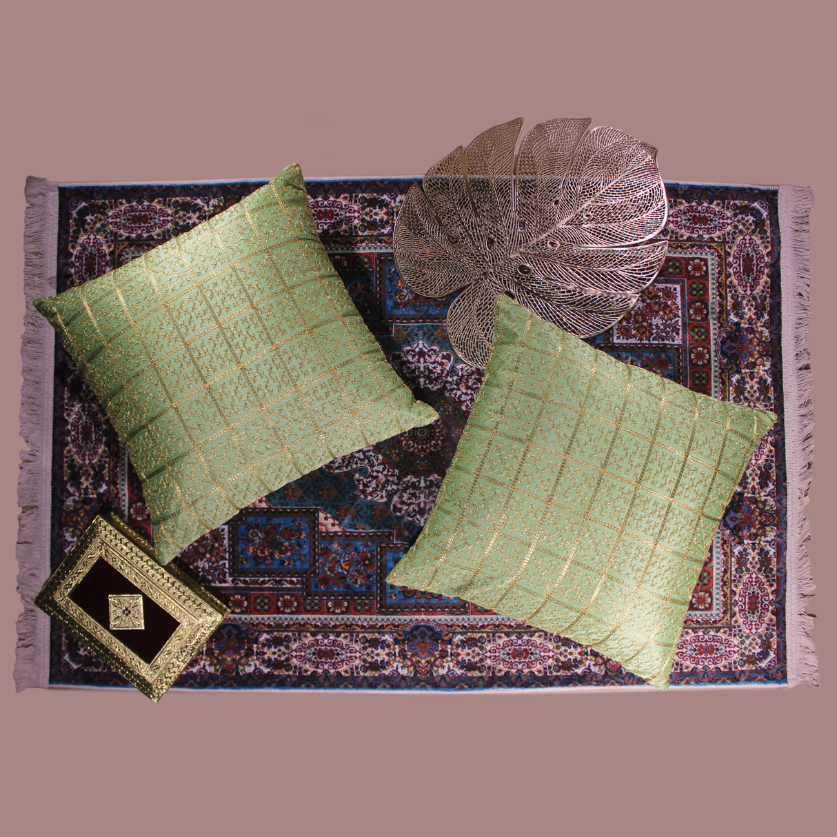 BYFT Orchard Cushion Cover 18 x 18 inch (Golden Checks Design - Green) 45 x 45 cm Luxury Decorative Cushion Cover for Sofa, Bed & Living Room - Set of 02