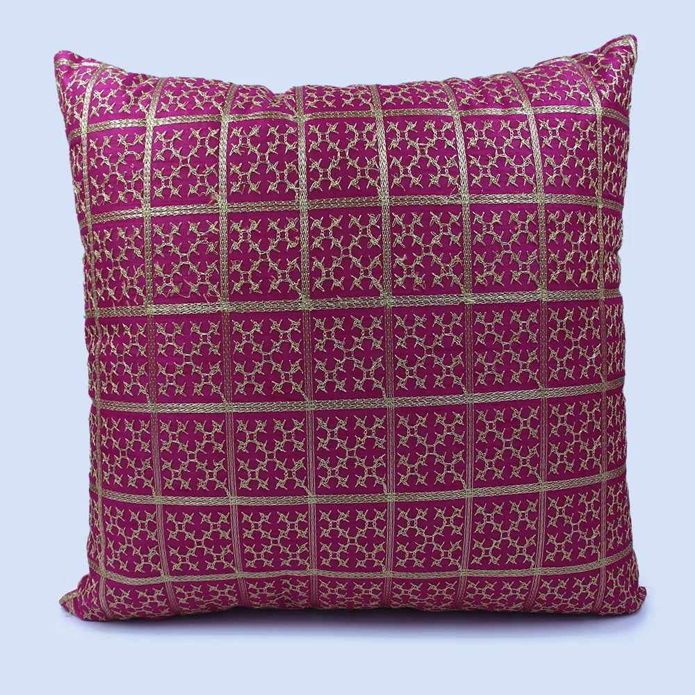 BYFT Orchard Cushion Cover 18 x 18 inch (Golden Checks Design - Fuchsia Pink) 45 x 45 cm Luxury Decorative Cushion Cover for Sofa, Bed & Living Room - Set of 02