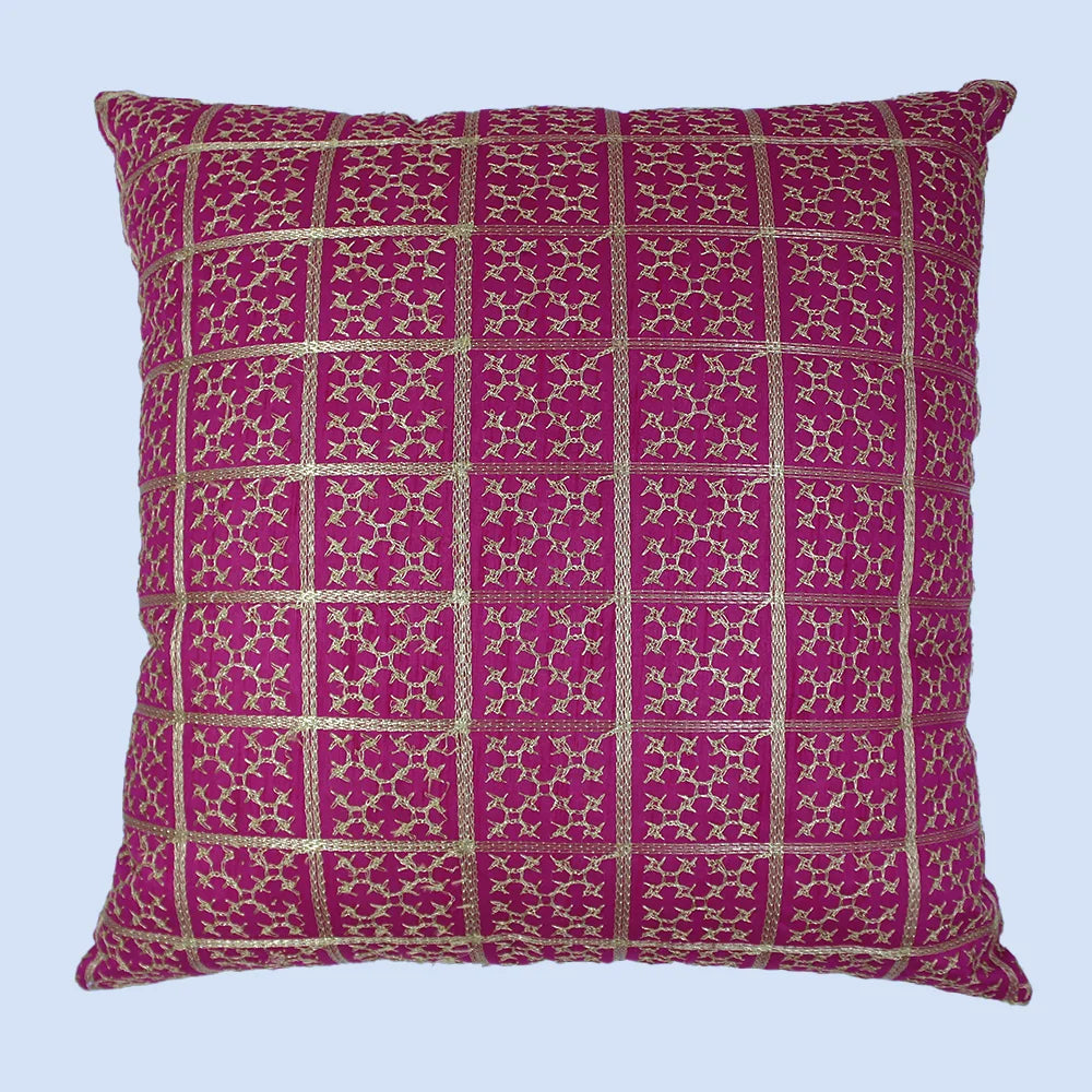 BYFT Orchard Cushion Cover 18 x 18 inch (Golden Checks Design - Fuchsia Pink) 45 x 45 cm Luxury Decorative Cushion Cover for Sofa, Bed & Living Room - Set of 02
