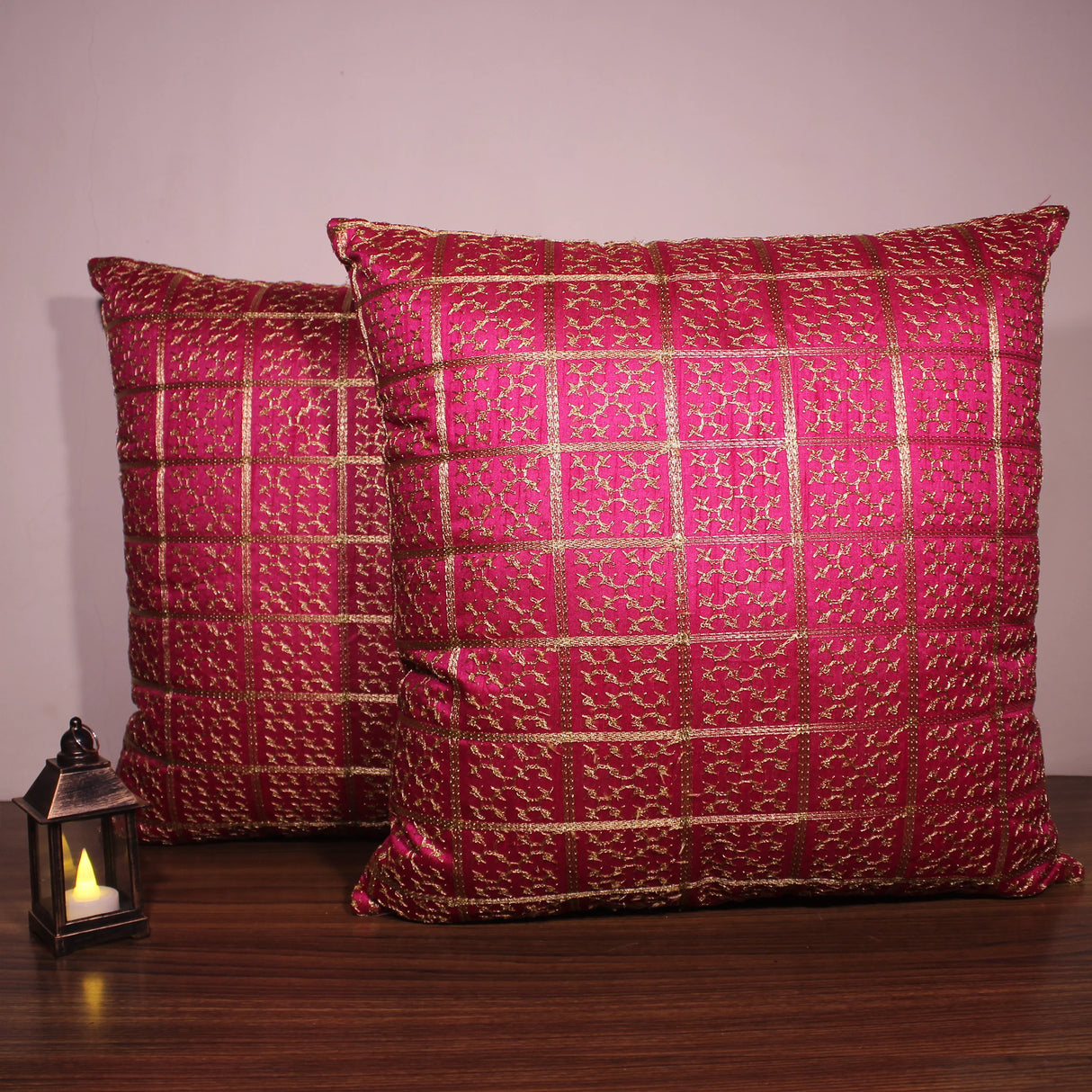 BYFT Orchard Cushion Cover 18 x 18 inch (Golden Checks Design - Fuchsia Pink) 45 x 45 cm Luxury Decorative Cushion Cover for Sofa, Bed & Living Room - Set of 02