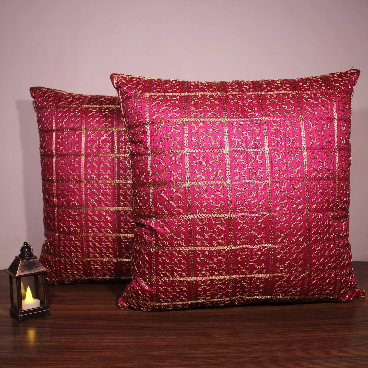 BYFT Orchard Cushion Cover 18 x 18 inch (Golden Checks Design - Fuchsia Pink) 45 x 45 cm Luxury Decorative Cushion Cover for Sofa, Bed & Living Room - Set of 02