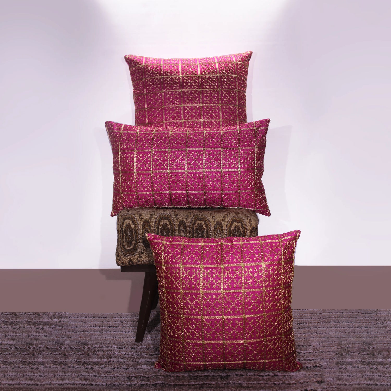 BYFT Orchard Cushion Cover 18 x 18 inch (Golden Checks Design - Fuchsia Pink) 45 x 45 cm Luxury Decorative Cushion Cover for Sofa, Bed & Living Room - Set of 02