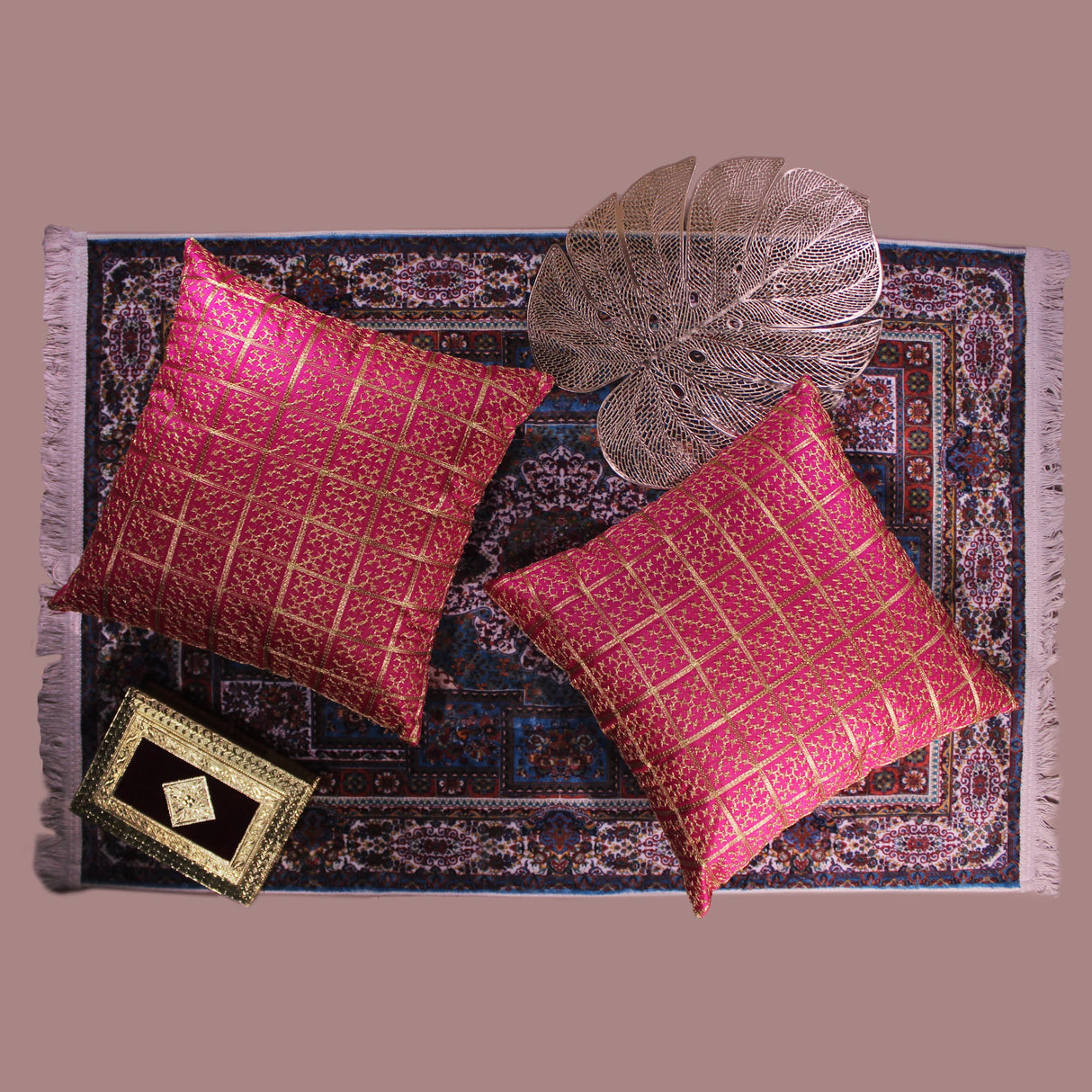 BYFT Orchard Cushion Cover 18 x 18 inch (Golden Checks Design - Fuchsia Pink) 45 x 45 cm Luxury Decorative Cushion Cover for Sofa, Bed & Living Room - Set of 02