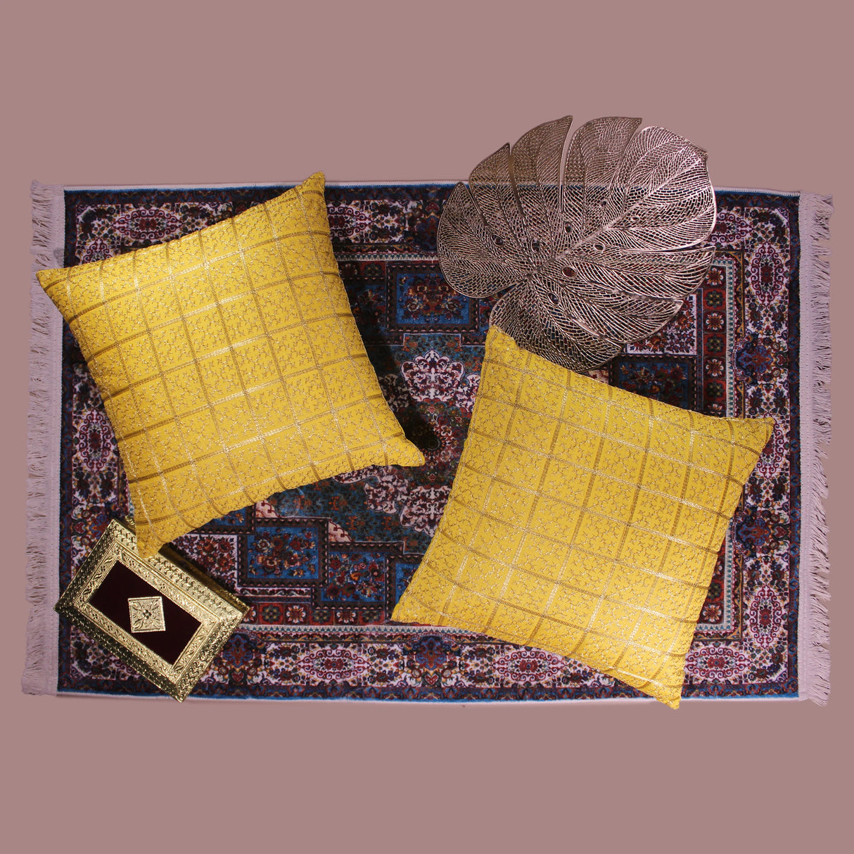 BYFT Orchard Cushion Cover 18 x 18 inch (Golden Checks Design - Yellow) 45 x 45 cm Luxury Decorative Cushion Cover for Sofa, Bed & Living Room - Set of 02