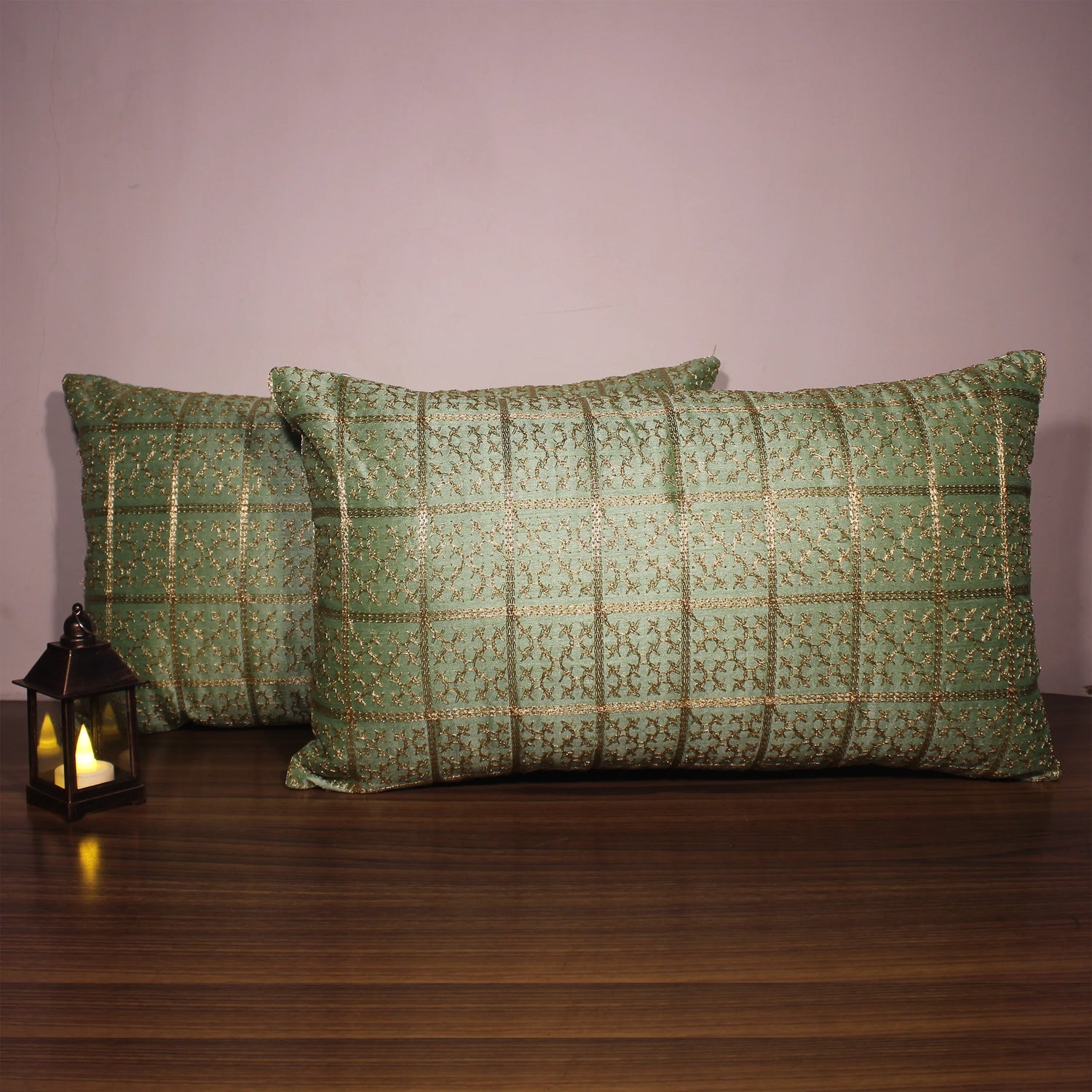 غطاء وسادة BYFT Orchard مقاس 12 × 20 بوصة (تصميم مربعات ذهبية - أخضر) غطاء وسادة مزخرف فاخر للأريكة والسرير وغرفة المعيشة - مجموعة من 02