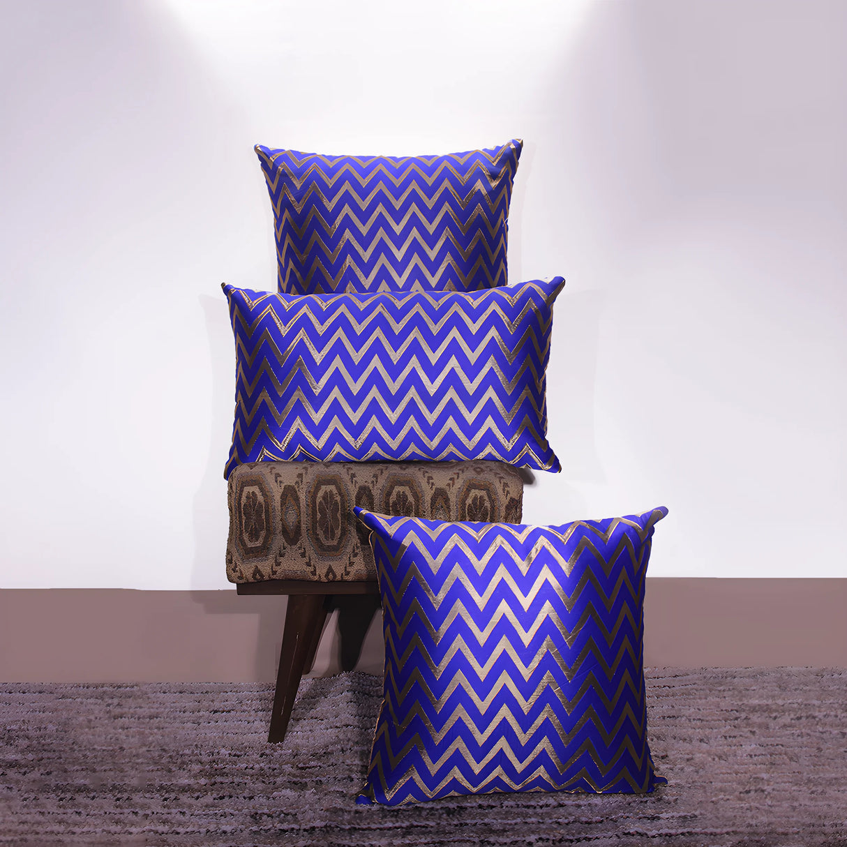 BYFT Orchard Cushion Cover 16 x 16 inch (Zig Zag Design - Royal Blue) 40 x 40 cm Luxury Decorative Cushion Cover for Sofa, Bed & Living Room - Set of 02