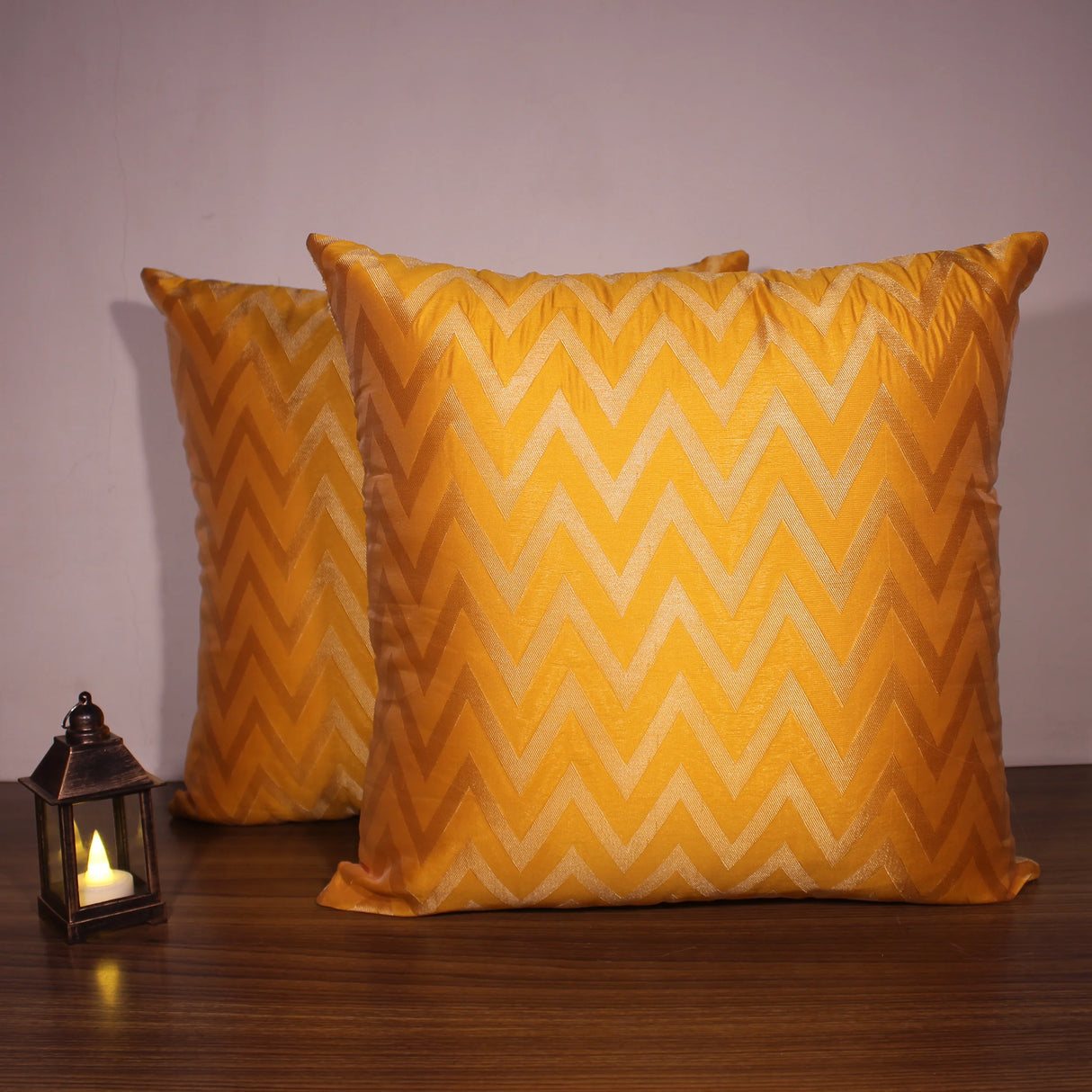 BYFT Orchard Cushion Cover 16 x 16 inch (Zig Zag Design - Yellow) 40 x 40 cm Luxury Decorative Cushion Cover for Sofa, Bed & Living Room - Set of 02