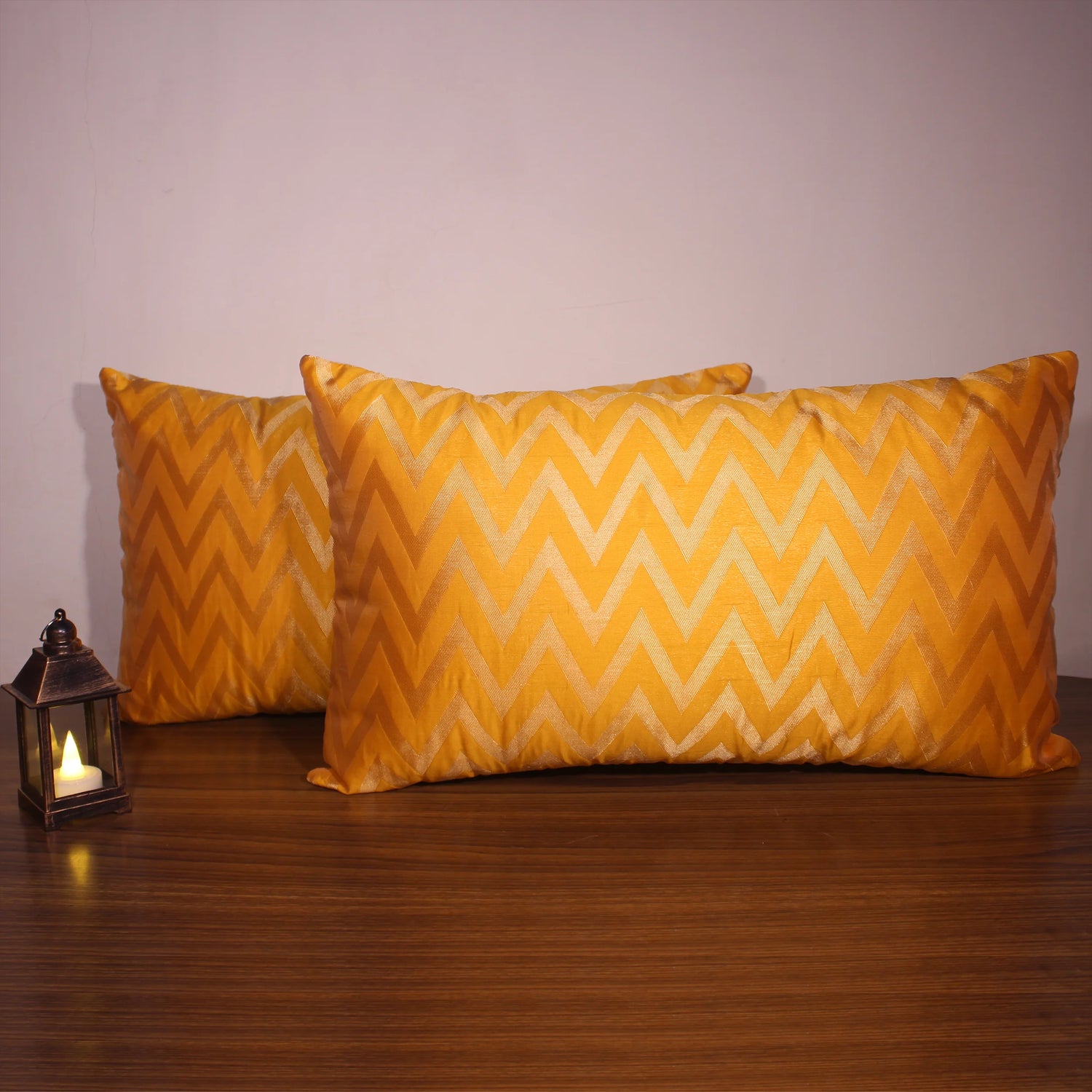 BYFT Orchard Cushion Cover 12 x 20 inch (Zig Zag Design - Yellow) 30 x 50 cm Luxury Decorative Cushion Cover for Sofa, Bed & Living Room - Set of 02