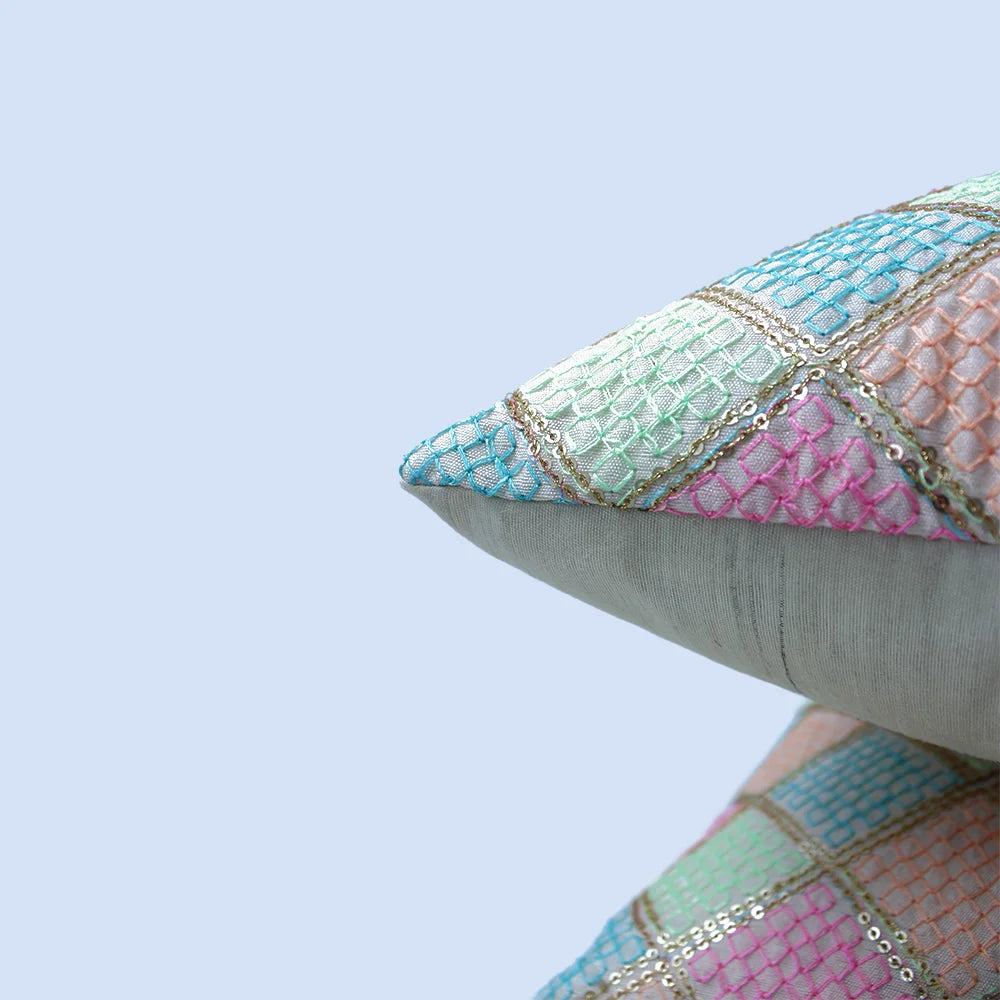 BYFT Orchard Cushion Cover 18 x 18 inch (Diagonal Checks Design - Cream) 45 x 45 cm Luxury Decorative Cushion Cover for Sofa, Bed & Living Room - Set of 02