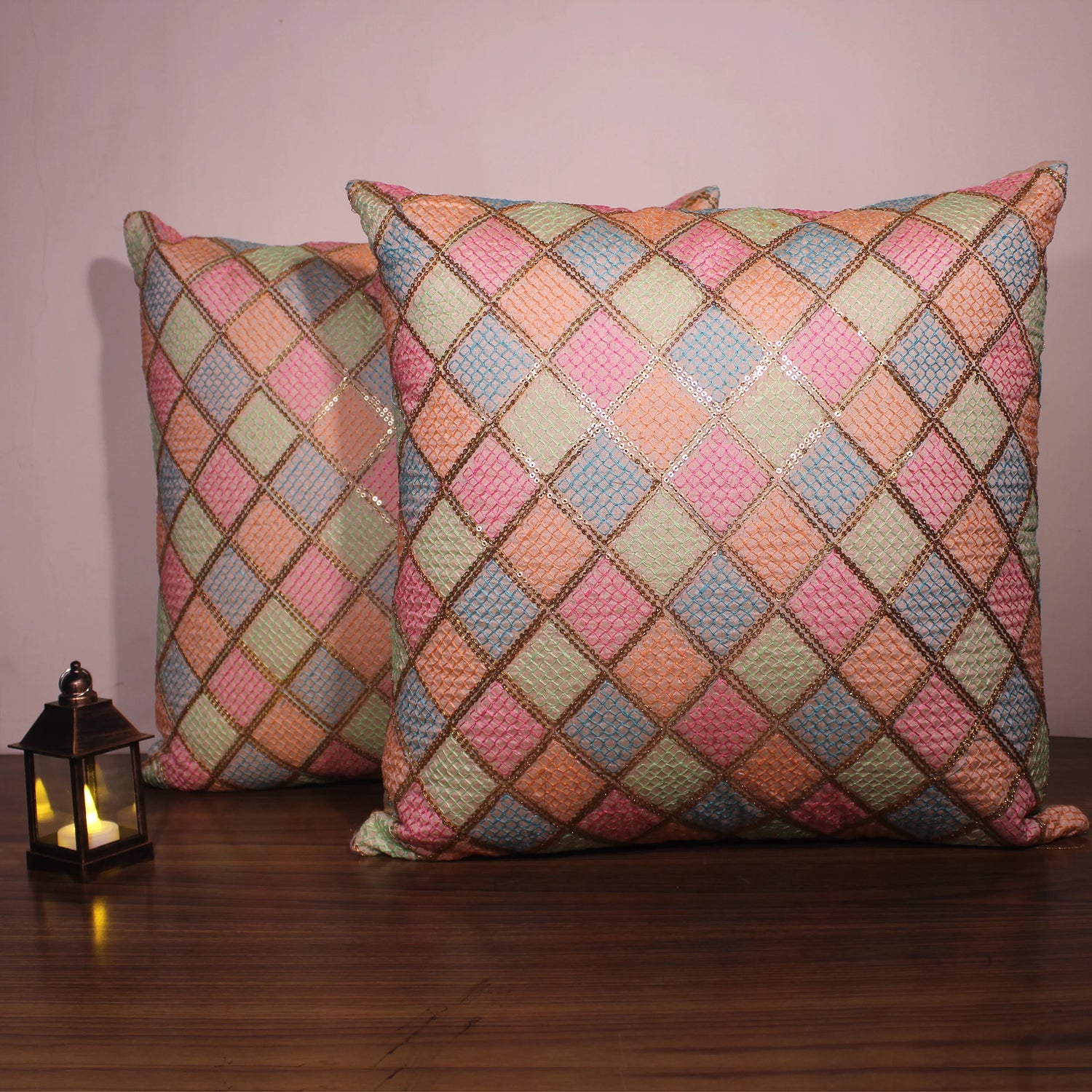 BYFT Orchard Cushion Cover 18 x 18 inch (Diagonal Checks Design - Cream) 45 x 45 cm Luxury Decorative Cushion Cover for Sofa, Bed & Living Room - Set of 02