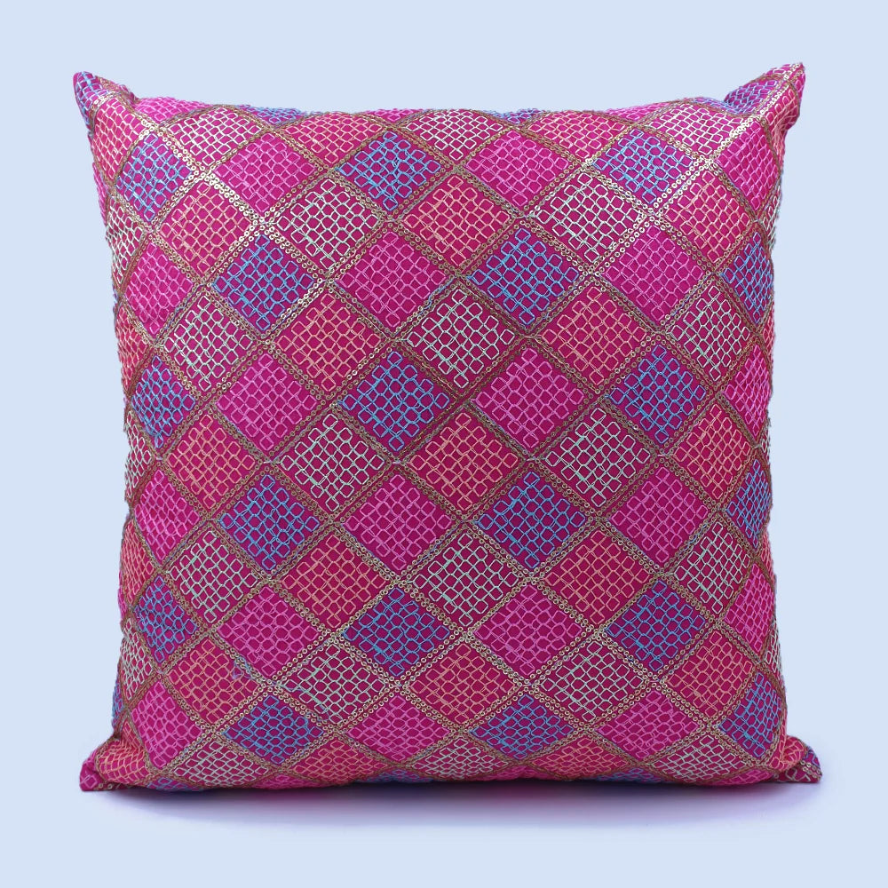 BYFT Orchard Cushion Cover 18 x 18 inch (Diagonal Checks Design - Fuchsia Pink) 45 x 45 cm Luxury Decorative Cushion Cover for Sofa, Bed & Living Room - Set of 02