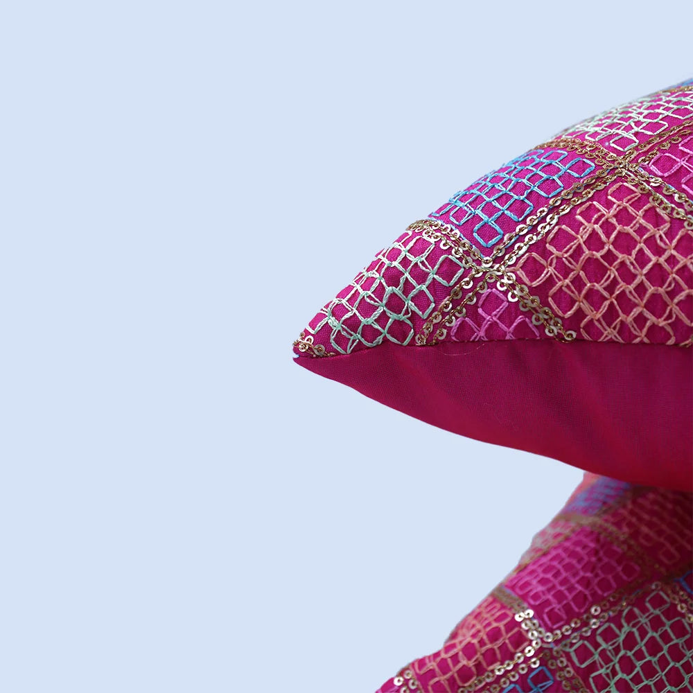 BYFT Orchard Cushion Cover 18 x 18 inch (Diagonal Checks Design - Fuchsia Pink) 45 x 45 cm Luxury Decorative Cushion Cover for Sofa, Bed & Living Room - Set of 02