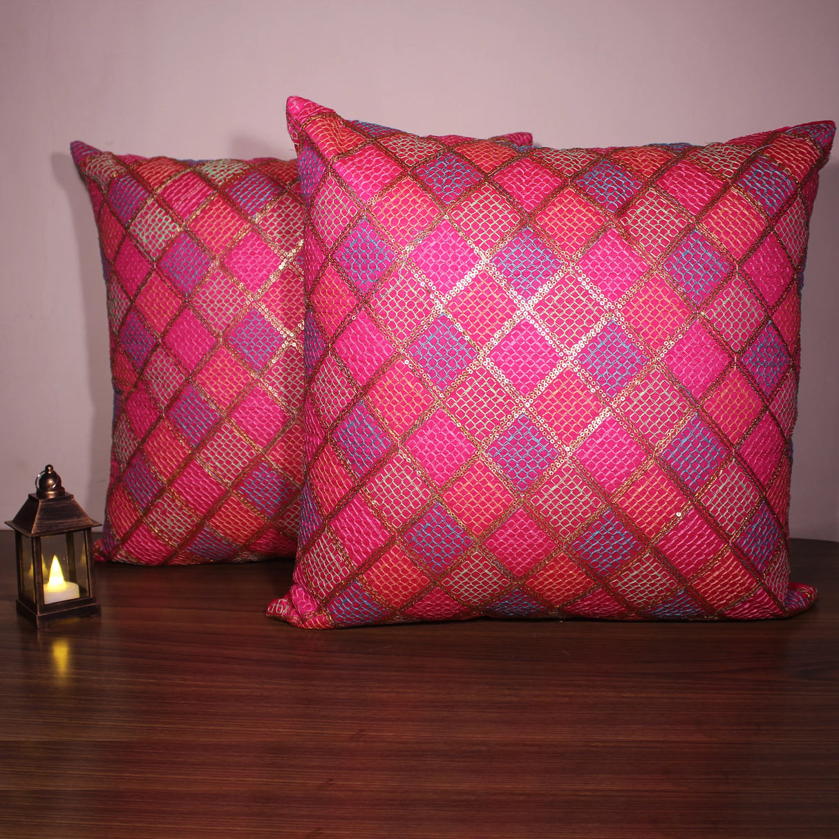 BYFT Orchard Cushion Cover 18 x 18 inch (Diagonal Checks Design - Fuchsia Pink) 45 x 45 cm Luxury Decorative Cushion Cover for Sofa, Bed & Living Room - Set of 02