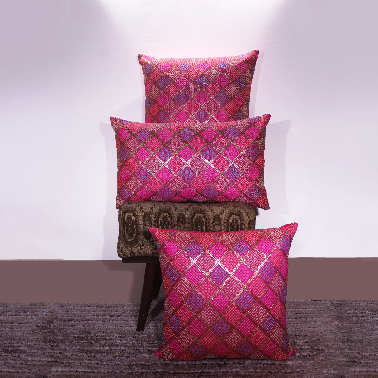BYFT Orchard Cushion Cover 18 x 18 inch (Diagonal Checks Design - Fuchsia Pink) 45 x 45 cm Luxury Decorative Cushion Cover for Sofa, Bed & Living Room - Set of 02