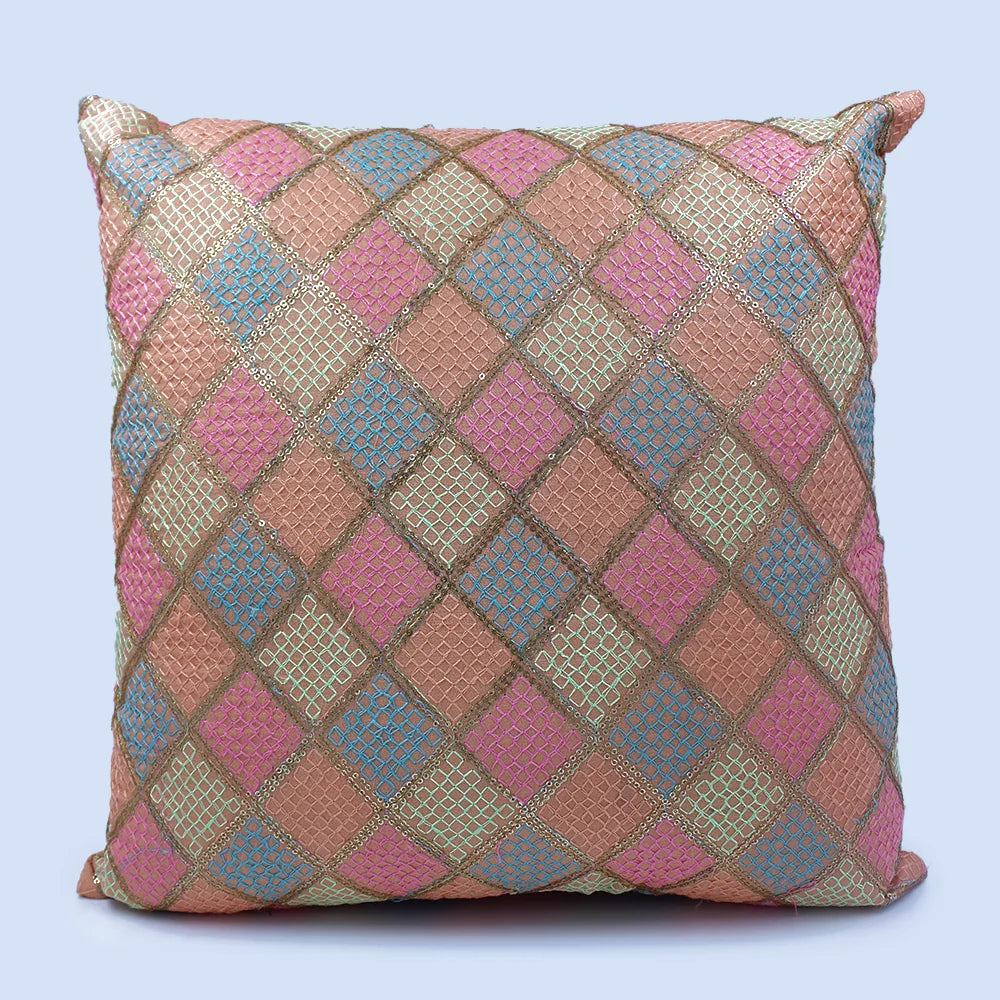 BYFT Orchard Cushion Cover 18 x 18 inch (Diagonal Checks Design - Peach) 45 x 45 cm Luxury Decorative Cushion Cover for Sofa, Bed & Living Room - Set of 02