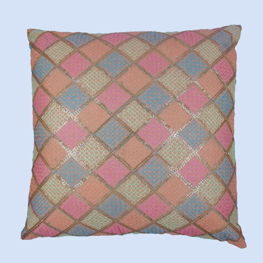 BYFT Orchard Cushion Cover 18 x 18 inch (Diagonal Checks Design - Peach) 45 x 45 cm Luxury Decorative Cushion Cover for Sofa, Bed & Living Room - Set of 02