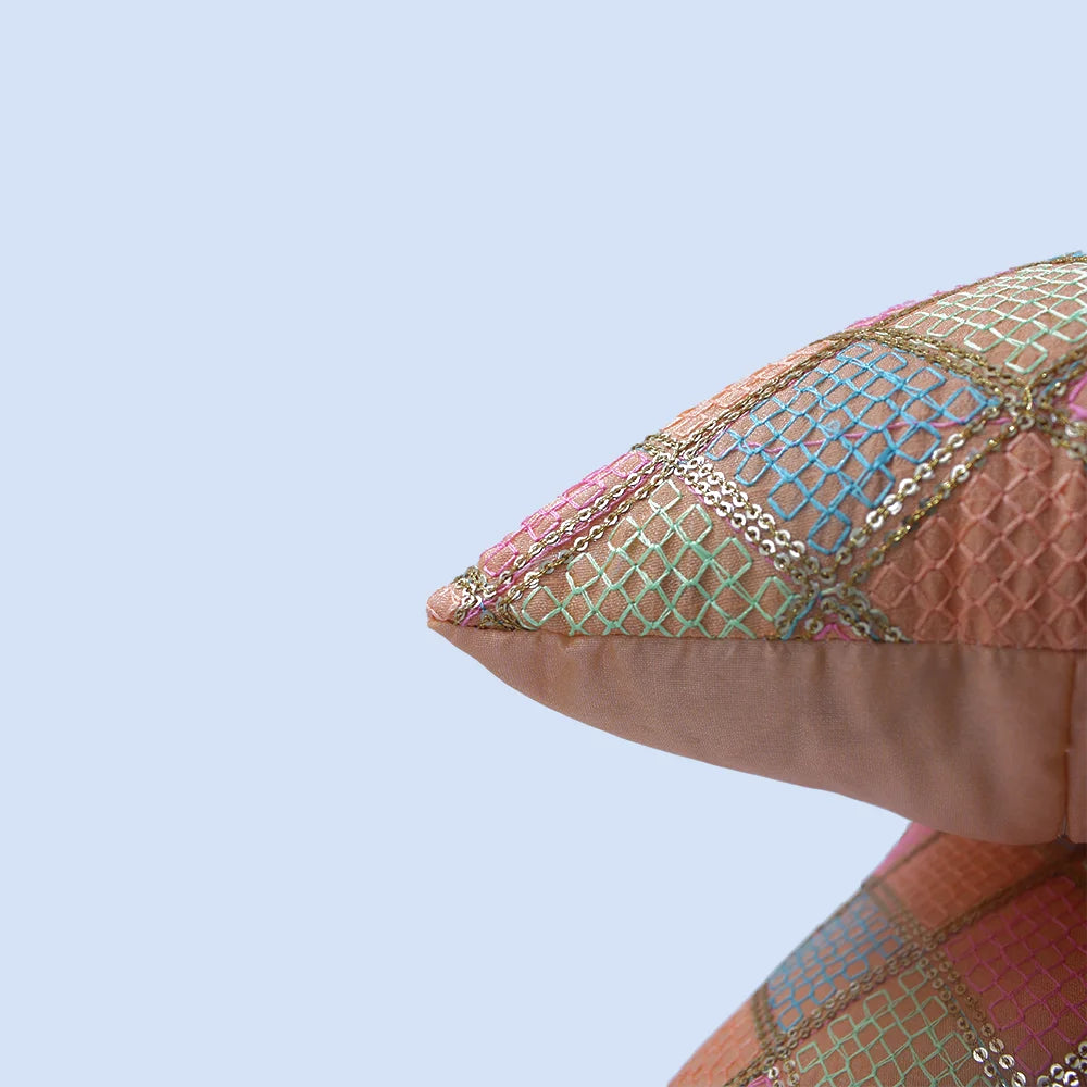 BYFT Orchard Cushion Cover 18 x 18 inch (Diagonal Checks Design - Peach) 45 x 45 cm Luxury Decorative Cushion Cover for Sofa, Bed & Living Room - Set of 02